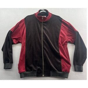VTG Norm Thompson Velour Track Jacket Mens XL Burgundy Black Full Zip Collared